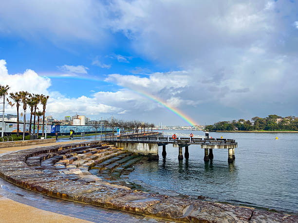 A magnificent double rainbow spans the sky above a serene waterside promenade, where a wooden jetty reaches out across the calm surface of the water