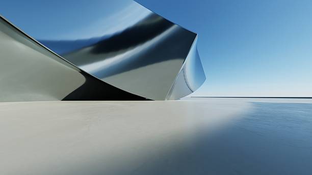 istock 3d illustration of abstract wavy architecture background, Minimal curved geometry architectural design, Car presentation backdrop with empty concrete floor, Flowing geometric metal building design 2234788691