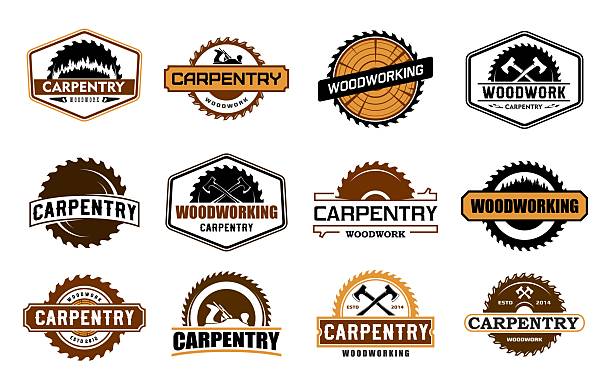 Carpentry woodwork vector icons of construction and timber industry. Carpenter work tools with wooden log cuts and saw blades isolated brown badges set. Carpentry saw, axe, and jack plane emblems