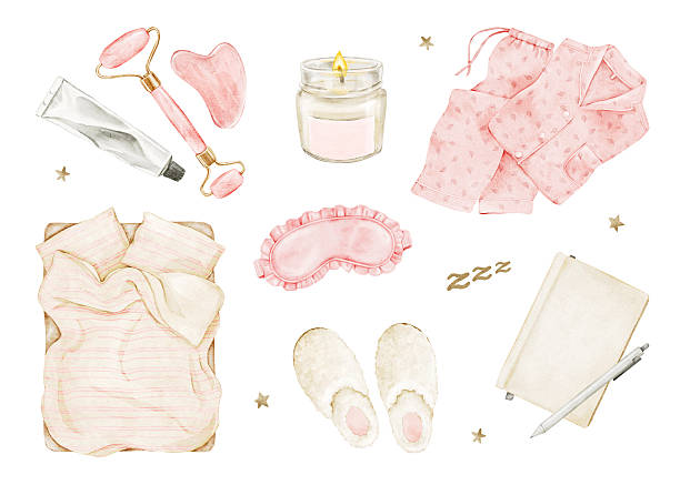 Bedtime routine set with pajamas, sleep mask, slippers, candle, skincare, bed, journal. Watercolor hand drawn isolated clipart. Perfect for night rituals, planners, cozy lifestyle, self-care projects