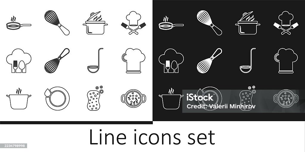 Set line Cooking soup in pot, Chef hat, Kitchen whisk, with fork and spoon, Frying pan, ladle and icon. Vector Set line Cooking soup in pot Chef hat Kitchen whisk with fork and spoon Frying pan ladle and icon. Vector. Black Color stock vector Set line Cooking soup in pot, Chef hat, Kitchen whisk, with fork and spoon, Frying pan, ladle and icon. Vector Set line Cooking soup in pot Chef hat Kitchen whisk with fork and spoon Frying pan ladle and icon. Vector. Black Color stock vector