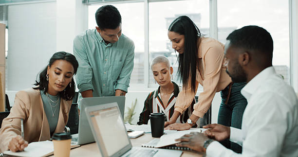 istock Creative, team or meeting with planning in office for manuscript revision, editing notes and tech. Journalist, people and brainstorming at publishing agency for story development and article briefing 2234806039