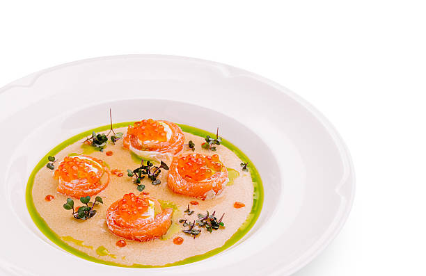 istock Gourmet salmon sashimi with citrus sauce and microgreens on a white plate 2234810066