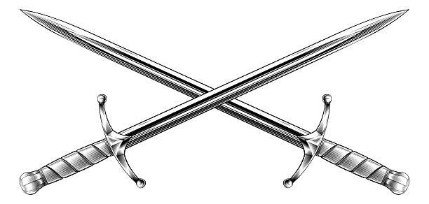 Illustration of two crossed medieval swords. Original illustration in a vintage retro engraving woodcut style. Suitable for use in heraldry