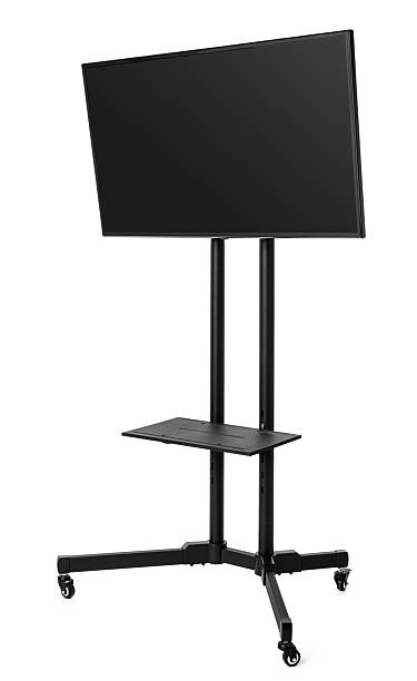 istock Black TV set on metal stand isolated on white 2234814128