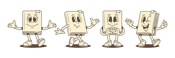 Funky comic childish book cartoon character happy mascot set vector illustration. Cute smiling emoji literature textbook library walking heart gesture greeting winking fun positive emotion