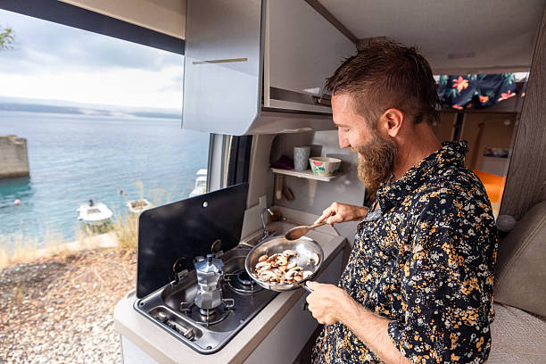 istock Man Cooking Mushrooms in Camper Van Kitchen 2234815975