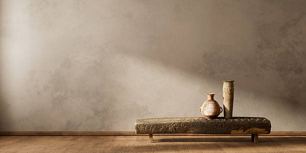 istock Rustic bench with ceramic vases in minimal interior. 3D illustration 2234824430