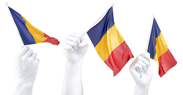 Hand holding flag of Romania. Isolated 3d Rendering.