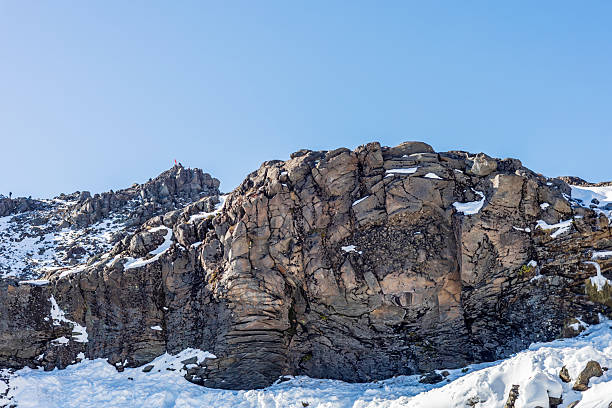 istock A rugged mountain cliff with textured rock formations lightly covered in snow, standing against a clear blue sky 2234832772