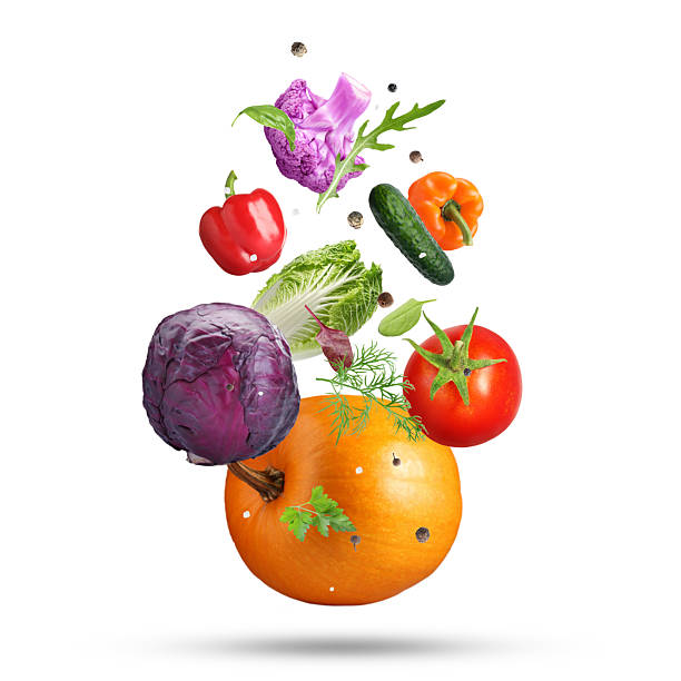 istock Fresh vegetables, herbs and spices in air on white background 2234837763