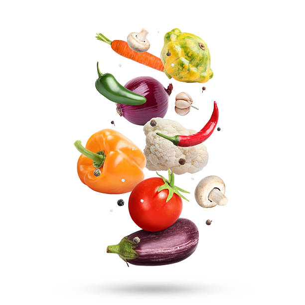 istock Fresh vegetables and spices in air on white background 2234837771