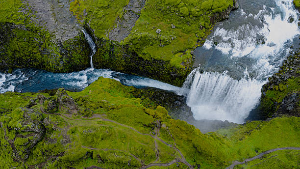 istock Aerial View of Icelandic Waterfall with Moss Covered Cliffs 2234840080