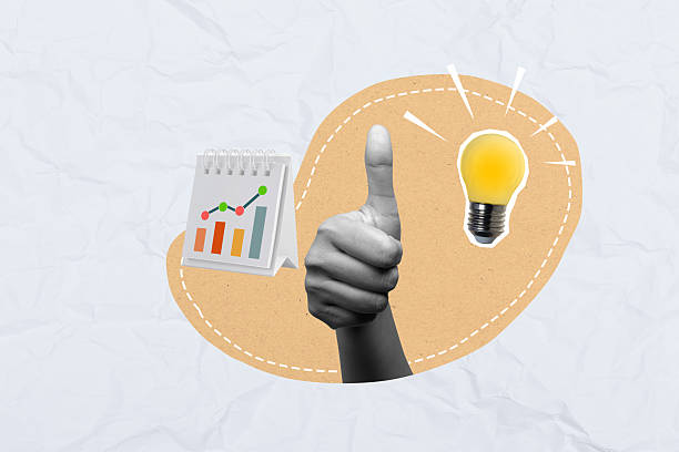 istock Human hand with thumb up gesture showing a lit lightbulb and a graph line on a colored background. Collage art of a Business idea 2234843238