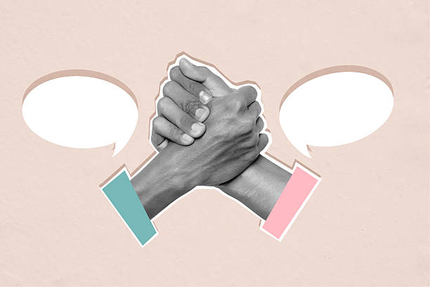 istock Two human hands with shaking hands gesture and speech bubble on a colored background. Copy space. Collage art of greeting for an invitation, greeting, or acceptance 2234844692