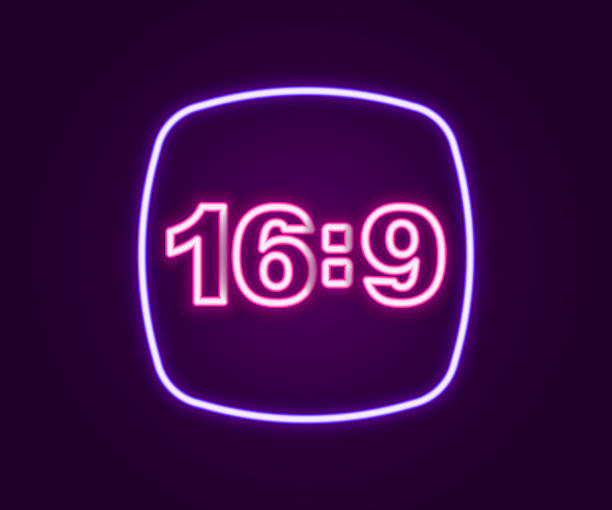istock Glowing neon line Photo frame 16-9 icon isolated on black background. 16-9 photo size. Camera sensor size. Colorful outline concept. Vector 2234845304