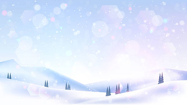 istock Vector illustration. 3d hills and mountains landscape. Snowy background. Blizzard with bokeh lights. Cartoon wallpaper. Winter cold weather. Clear sky template design with copy space for advertising 2234846627
