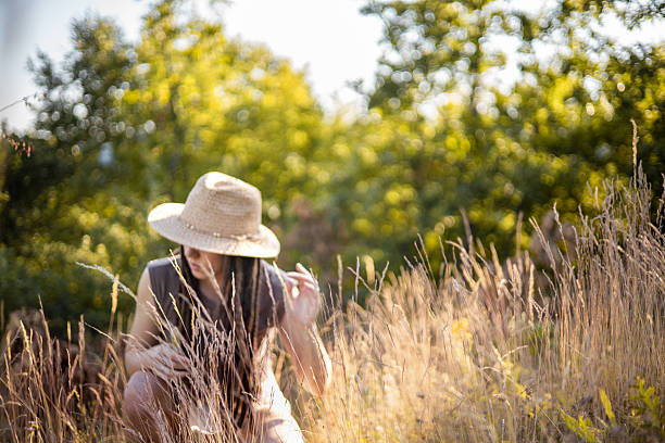 Female botanist studying wild plants in sunny meadow