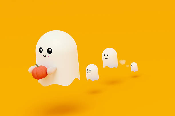 3D illustration of a playful white ghost in kawaii cartoon style, floating on a vibrant orange background. Fun Halloween design ideal for seasonal posters, party invitations, greeting cards, and digital holiday decorations.