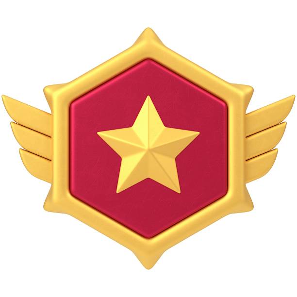 3D illustration of a gold star badge with wings on a red hexagon background, symbolizing achievement and success.