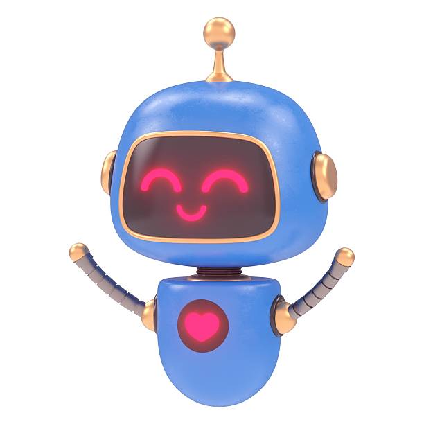 3D cute blue cartoon robot with a heart symbol and smiling face