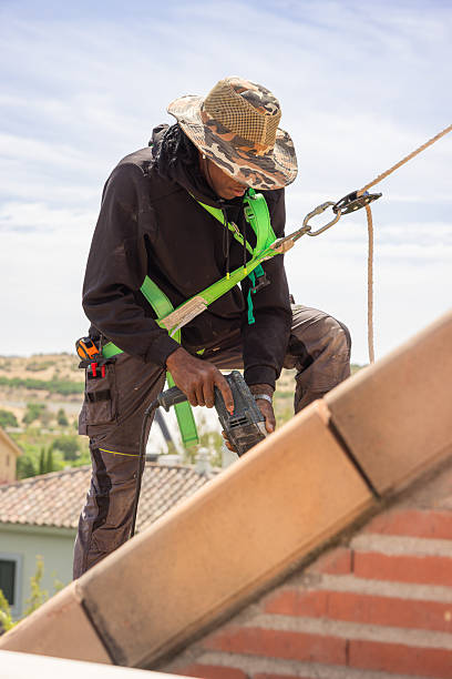istock Construction worker securing roof tiles using electric drill wearing safety harness 2234864125