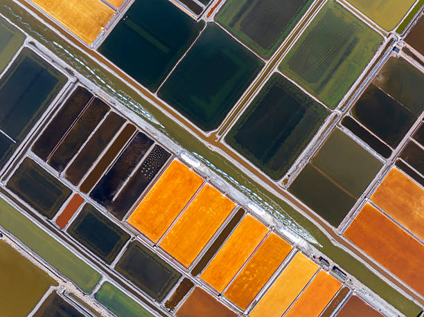 istock The ship transporting salt was sailing along the colorful salt fields. Salt-farm workers produce salt in the salt fieldsA bird's-eye view perspective 2234869968