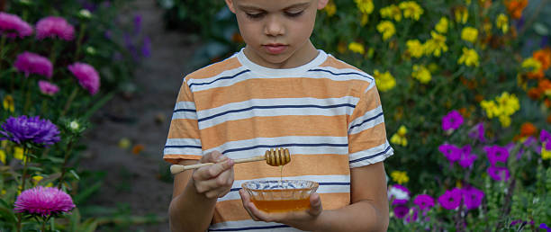 istock Boy eating honey on a garden background. Selective focus 2234871216