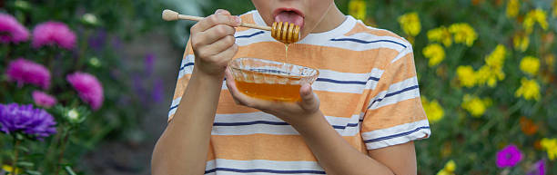 istock Boy eating honey on a garden background. Selective focus 2234871224