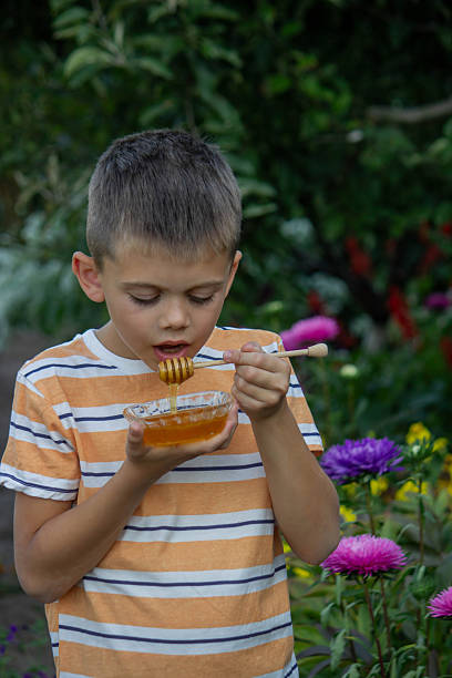 istock Boy eating honey on a garden background. Selective focus 2234871263