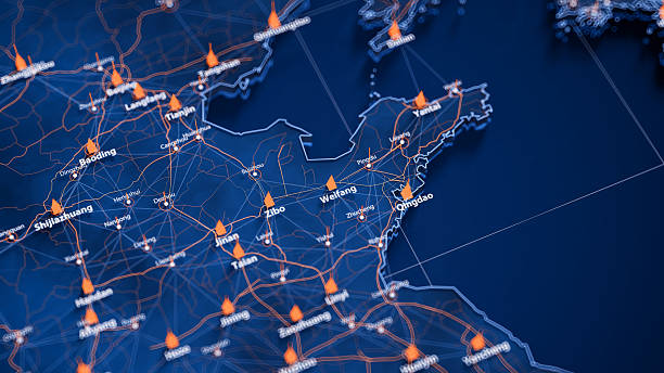 istock Weifang map big data visualization. Futuristic map infographic of city in China. Visual map data complexity in modern blue and orange colors 2234874940