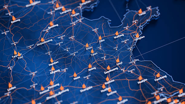 istock Taian map big data visualization. Futuristic map infographic of city in China. Visual map data complexity in modern blue and orange colors 2234875586