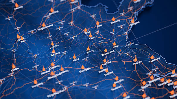 istock Jining map big data visualization. Futuristic map infographic of city in China. Visual map data complexity in modern blue and orange colors 2234875628