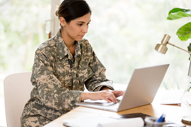 istock Female Soldier Working on Laptop, Home Office 2234876789