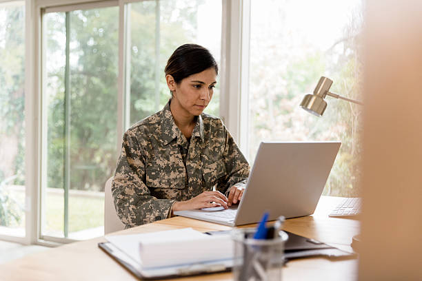 istock Female Soldier in Uniform Uses Laptop at Home Office 2234876849