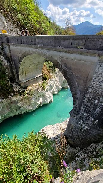 istock blue river Soca Napoleons bridge in Triglav mountains 2234880832