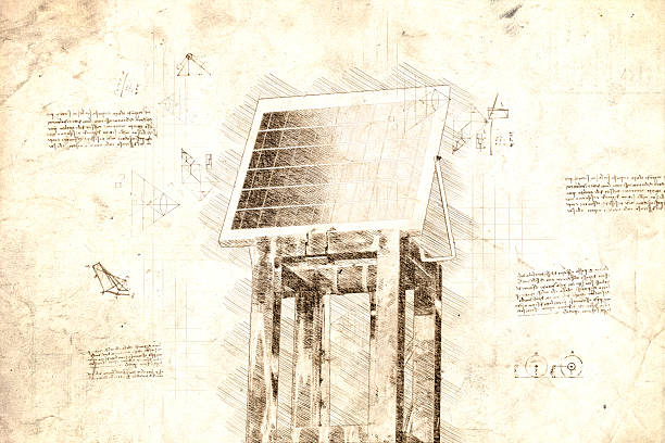 Sketch of mall solar panel on metal frame in da Vinci style based on photo created with photoshop and design elements are photoshop stamps