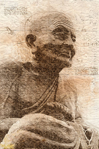 Three quarter front view sketch of  thai legendary monk Luang Phor Tuad from 17th century  in da Vinci sketch style century based on photo and created with photoshop. design elements are photoshop brushes. Statue is located in Hua Hin at temple