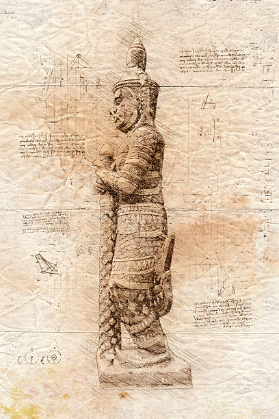 da Vinci style sketch of thai guardian a Yaksha representing good and evil in a pair.  based on photo and created with photoshop. design elements are photoshop brushes. Common statue at thai temples