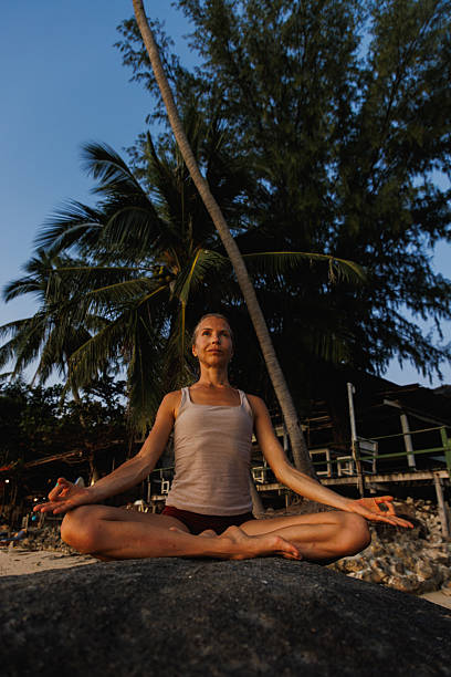 istock Woman meditating outdoors on a rock under palm trees during sunset 2234888700
