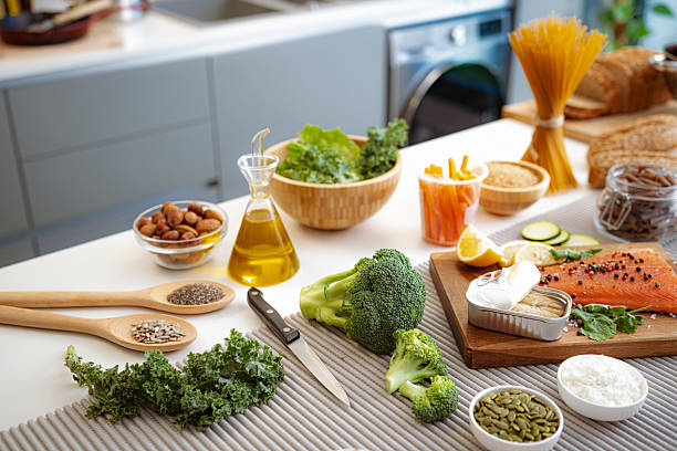 Food ingredients recommeded for the DASH diet. Dieting plan emphasizing fruits, vegetables, whole grains and protein. flexible and balanced eating plan that helps create a heart-healthy eating style for life