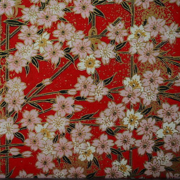istock Japanese Sakura Floral Kimono Fabric on Red Background 2234892535