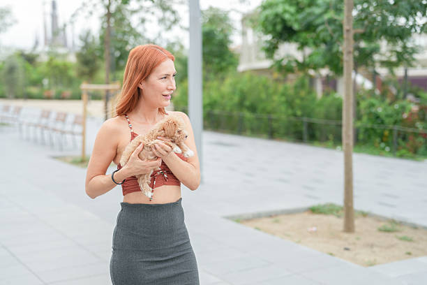istock A woman is holding a small dog in her arms while walking down a sidewalk 2234914752