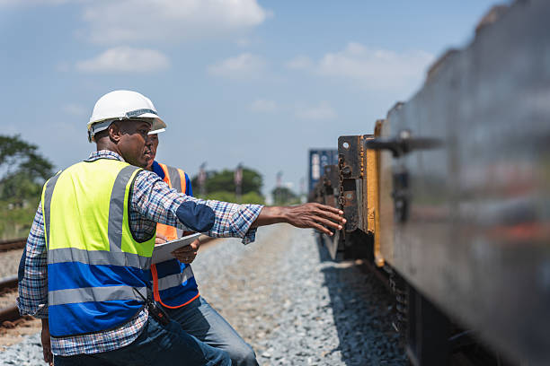 istock Railway Engineers Inspecting Train Wheels and Tracks, Logistics Professional Communicating During Rail Inspection, Industrial Workers Checking Freight Train Undercarriage 2234917372