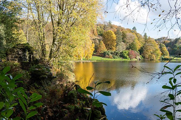 Stourton.Wiltshire.United Kingdom.October 26th 2024.View of the autumn colours around the lake at Stourhead gardens in Wiltshire