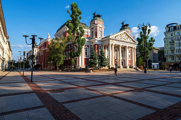 Sofia, Bulgaria - August 5, 2025: Front view of the Ivan Vazov National Theatre in Sofia, Bulgaria, showing Neoclassical architecture with columns, statues, and ornate details.