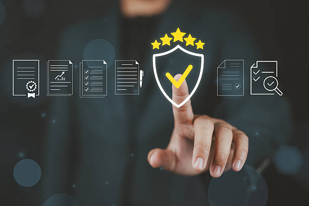 istock Quality Assurance and Certification Compliance Concept. Man touching standard quality control certificate assurance guarantee for automation process. Quality control management, Audit Documentation, 2234923738