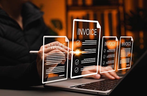 istock Digital E-Invoice and Billing Management Concept. Person using pen interact with virtual invoice documents, representing electronic invoicing, billing automation, and paperless financial management. 2234925060