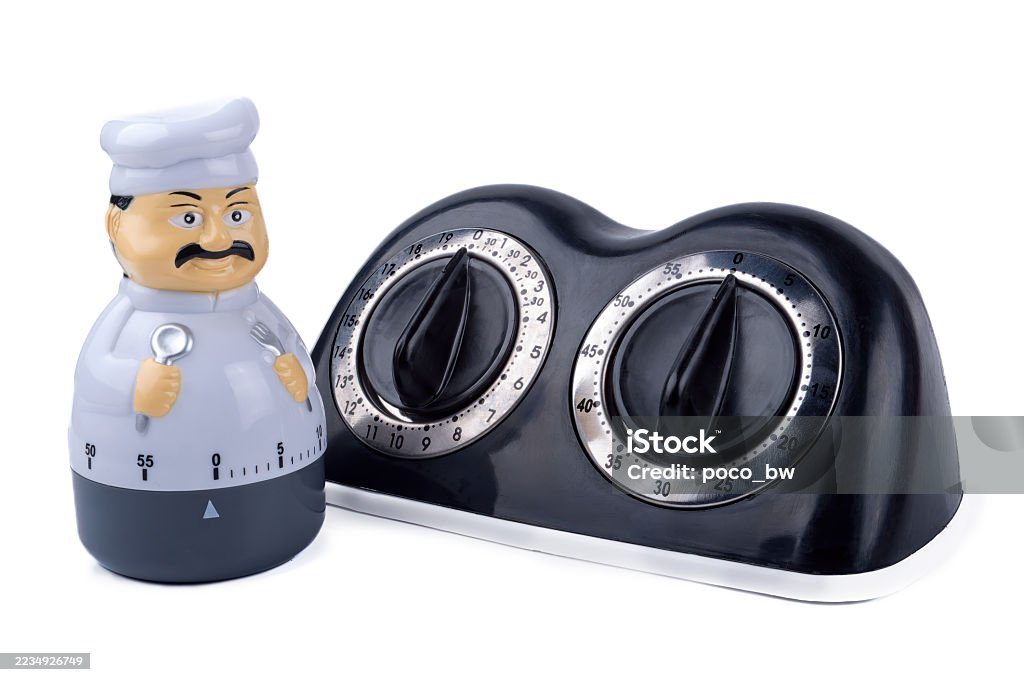 dva ciferník mechanický kuchyňský časovač tikající stopky, figurka šéfkuchaře tvar vaření časovač izolované na bílém pozadí, černá a nerezová ocel - Bez autorských poplatků Barevný obrázek Stock fotka dva ciferník mechanický kuchyňský časovač tikající stopky, figurka šéfkuchaře tvar vaření časovač izolované na bílém pozadí, černá a nerezová ocel - Bez autorských poplatků Barevný obrázek Stock fotka