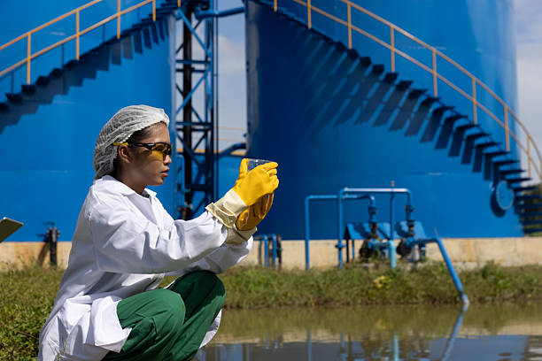 istock Young science Biologist or environmental quality inspector wearing protective gear and white lab coat collecting water sample from Sedimentation pond , water treatment facilities 2234943969